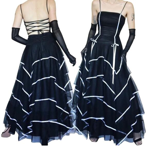 Blondie Nites VTG black white formal dress ruched bodice tier tulle skirt sz 3 - Picture 2 of 14